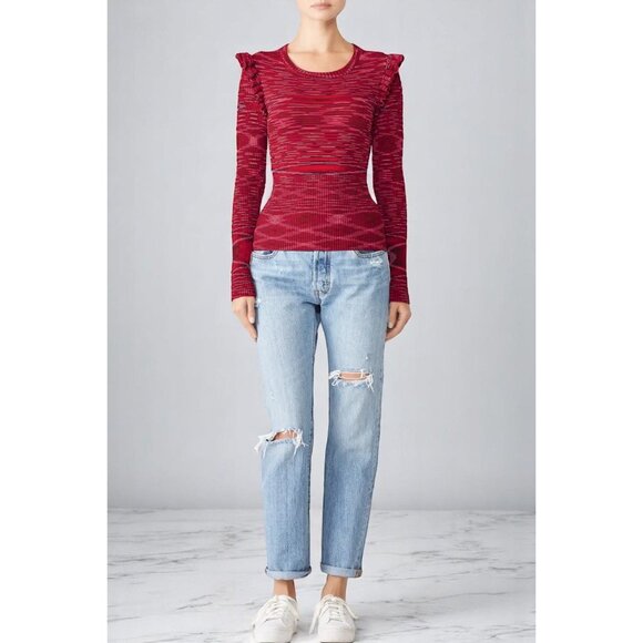 Cinq À Sept Salma Pullover Medium Red Long Sleeve Knit Sweater Shoulder Frills - Picture 2 of 8